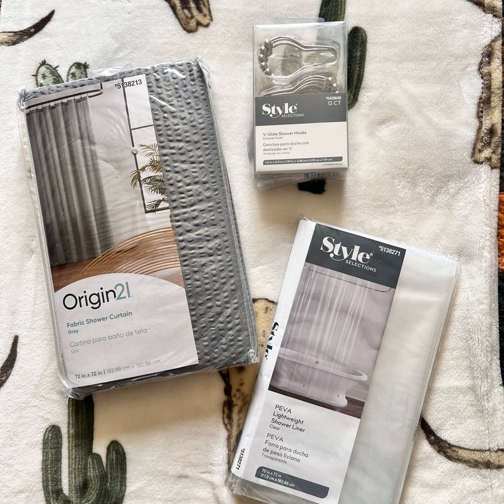 SOLD Origin21 Gray Fabric Shower Curtain + Gray PEVA Liner & Hooks Set